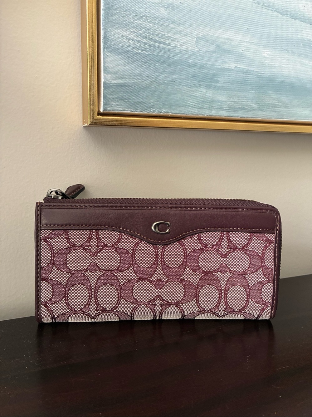 Coach L Zip Wallet In Signature Jacquard / Leather, Wine / Khaki, 34790